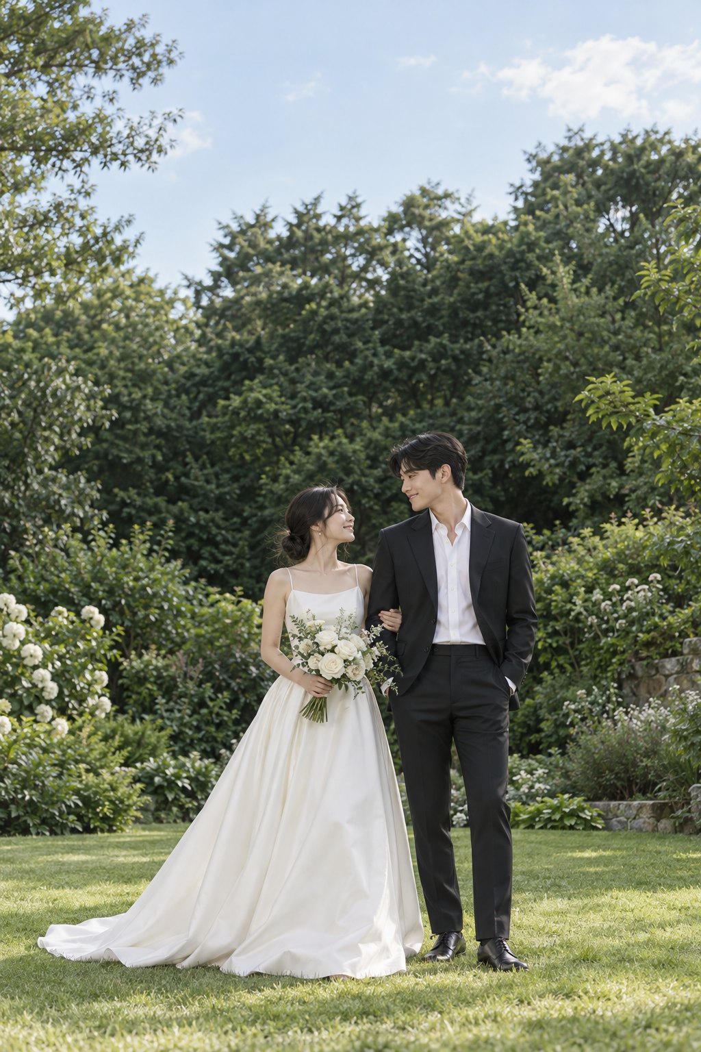 초록 정원에서 서로를 바라보는 두 사람의 컬러 웨딩 사진 샘플